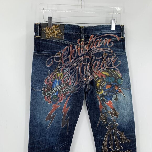 Christian Audigier embellished jeans embroidery skull stud crown blue Y2K men 32 - Picture 6 of 14